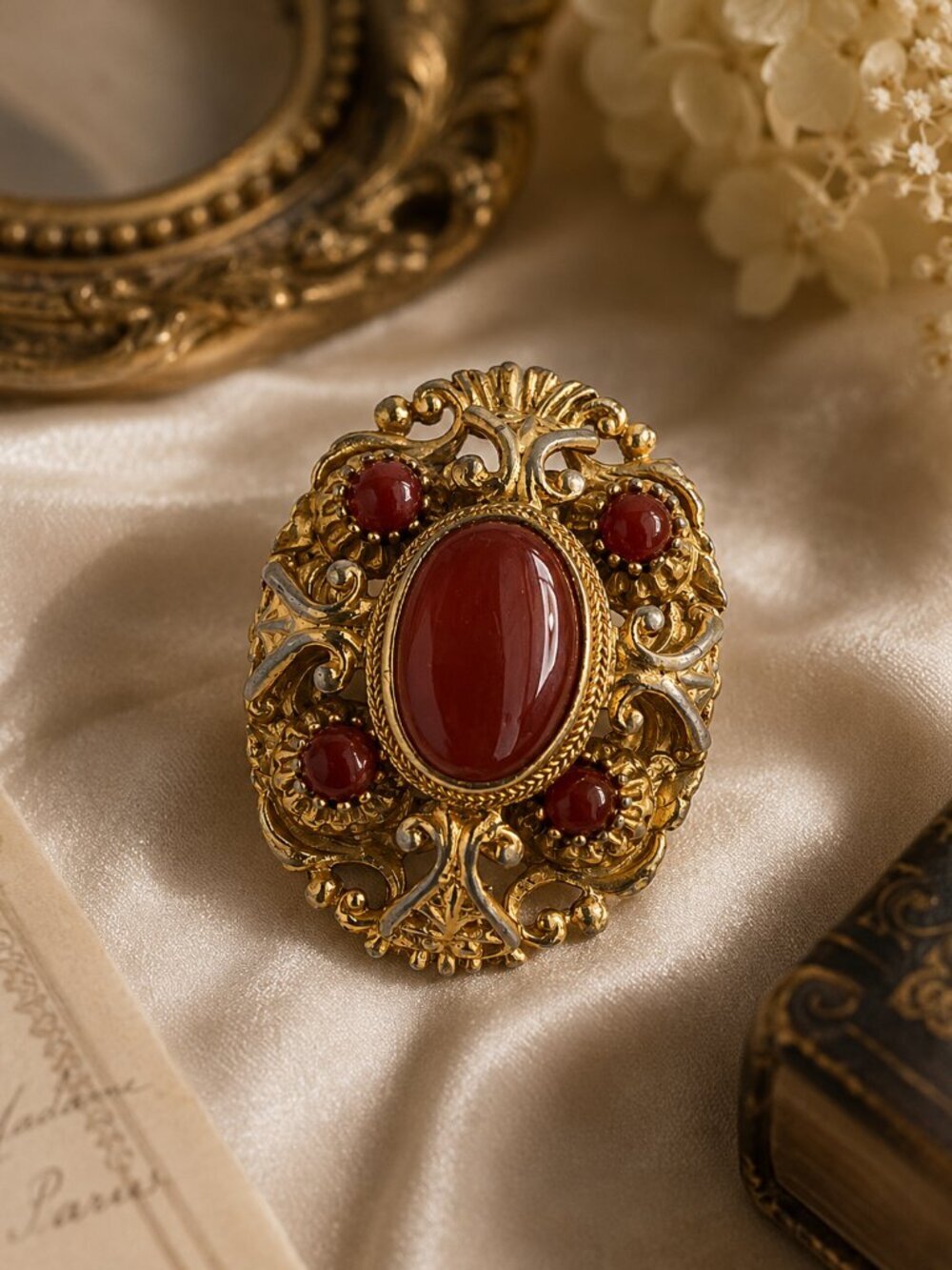 Vintage Sphinx Brooch Red Poured Glass Cabochons Rococo Baroque A530